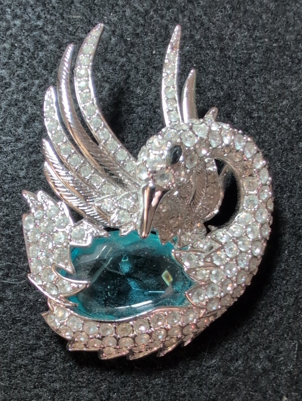 Nolan Miller Signed Preening Swan Brooch Teal Crystal and Rhinestone